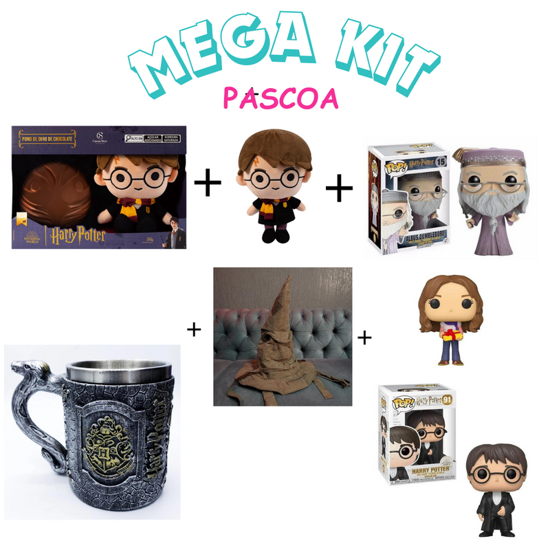 Mega Kit Ovo de páscoa harry potter pelúcia harry 250g + Funko Pop Albus Dumbledore +Funko Pop! Harry Potter+  Funko Pop! Hermione Granger + Replica Chapéu Seletor Hatstall +  + Caneca 3D Hogwarts: Harry Potter (400ml)