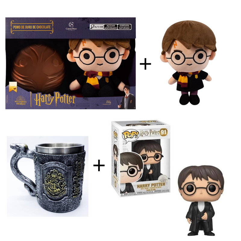 Ovo de páscoa harry potter pelúcia harry 250g + Funko Pop! Harry Potte + Caneca 3D Hogwarts: Harry Potter (400ml)