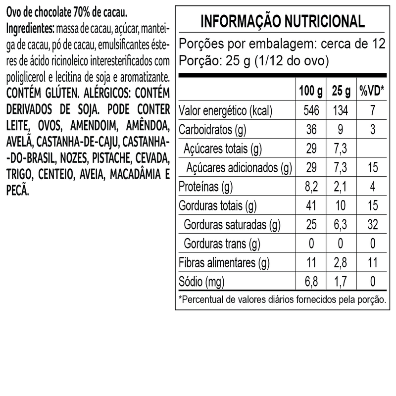 Ovo de páscoa bendito cacao 70% cacau 360g